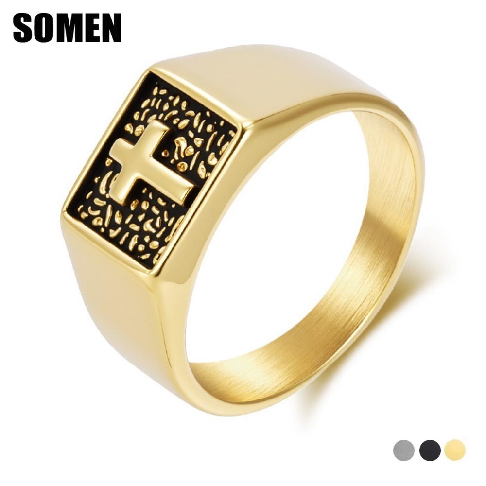 Mens Signet Ring - แหวนสัญลักษณ์รูปไม้กางเขนสไตล์วินเทจ Somen ทำจากสแตนเลสสตีลสำหรับผู้ชาย สีเงิน/ดำ/ทอง แหวนอเนกประสงค์ สไตล์พังก์