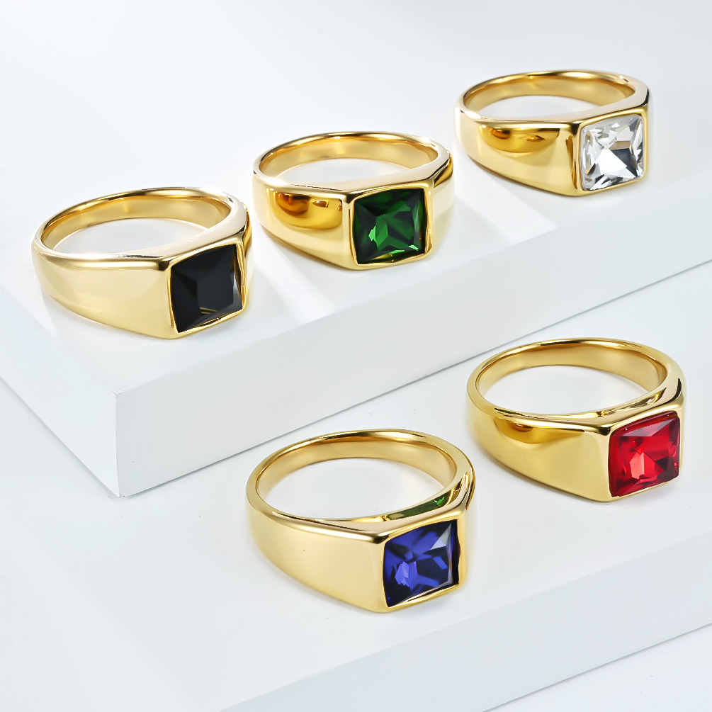 Mens Signet Ring - สแตนเลส Shinny เพทายสแควร์อัญมณี Signet แหวนผู้ชายวินเทจงานแต่งงานเครื่องประดับหมั้น