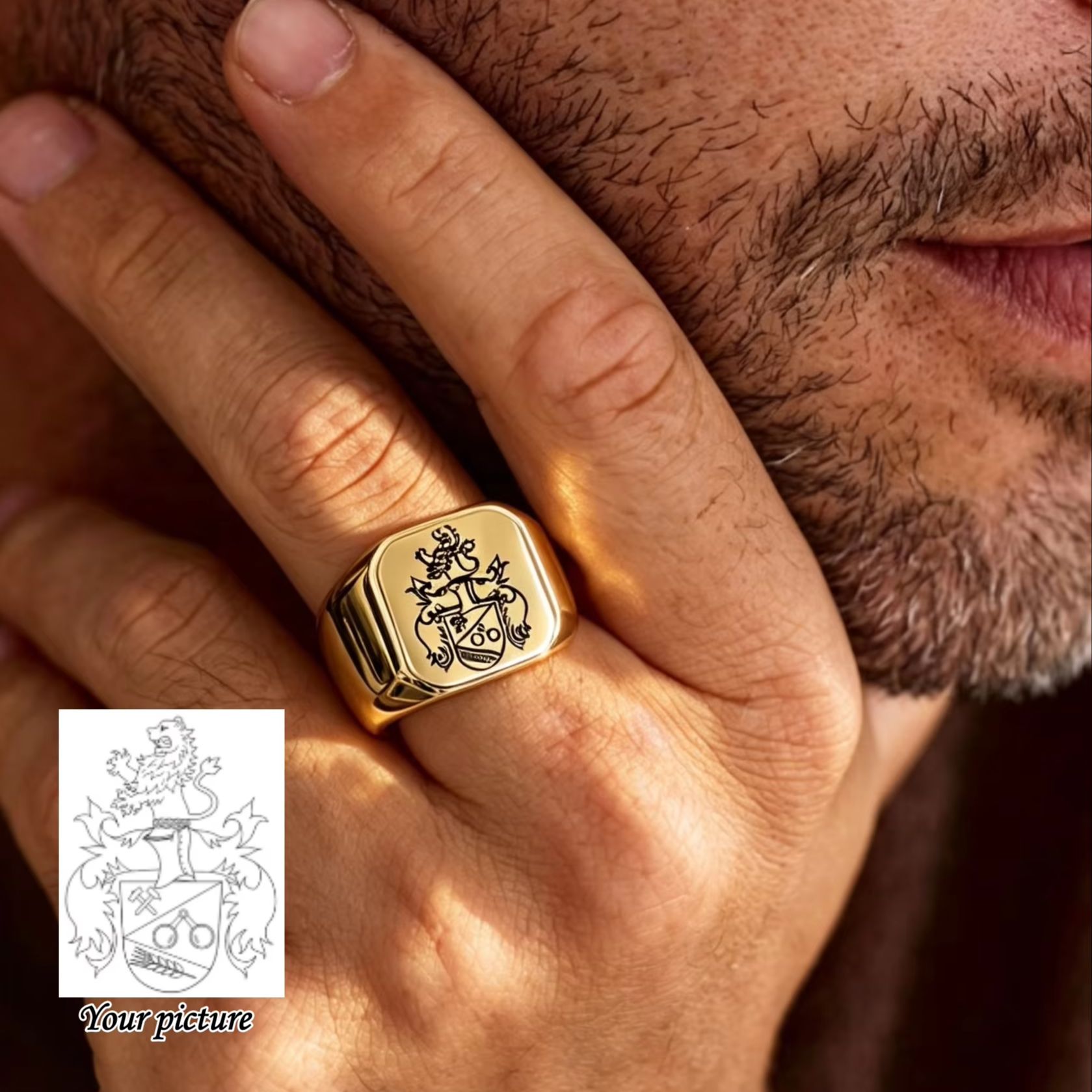 Mens Signet Ring - แหวนตราประจำตระกูลแบบสั่งทำพิเศษสำหรับผู้ชาย แหวนสแตนเลสสตีลทรงสี่เหลี่ยม แกะสลักตราอาร์ม ของขวัญเครื่องประดับแฟชั่น