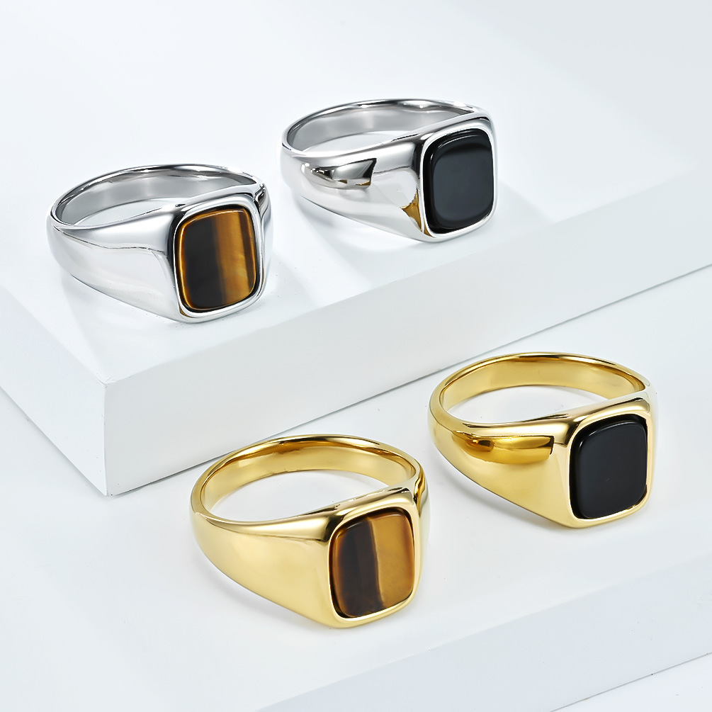 Mens Signet Ring - แหวนตราประทับสไตล์วินเทจแฟชั่นใหม่ ทำจากสแตนเลสประดับด้วยหินไทเกอร์อายสีดำ สำหรับผู้ชาย