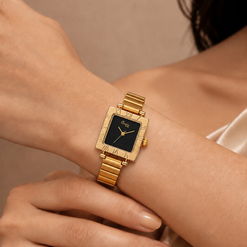 Jewelry Watches For Kids - นาฬิกาข้อมือควอตซ์ทรงสี่เหลี่ยมสีทองหรูหรา สไตล์เรโทร ขอบตัวเลขโรมัน สายโลหะ ดีไซน์สวยงาม แฟชั่นเครื่องประดับ