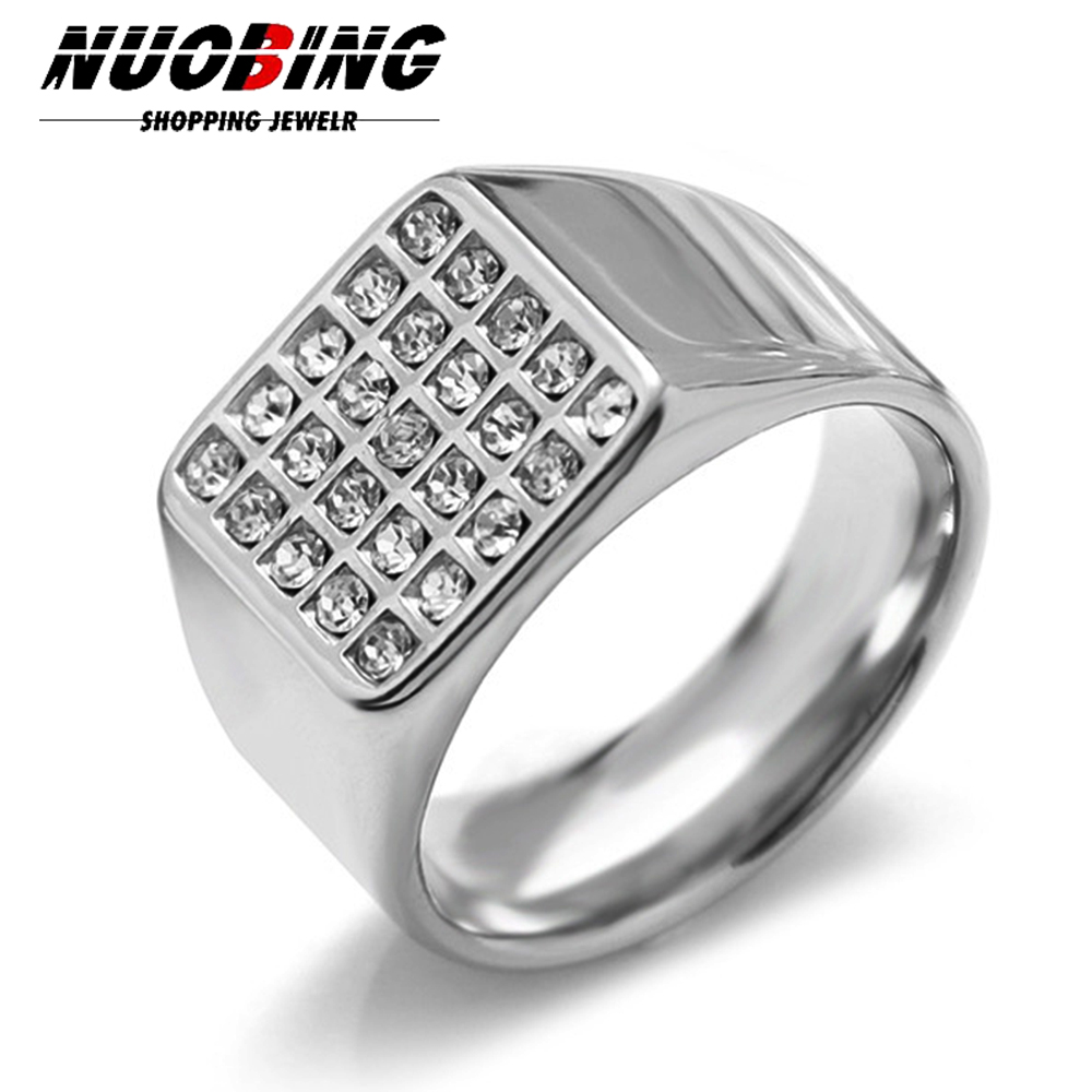 Mens Signet Ring - แหวนตราประทับทรงสี่เหลี่ยมขนาด 14 มม. ประดับด้วยเพชรคิวบิกเซอร์โคเนียเงางาม สำหรับผู้ชาย วงแหวนสแตนเลส