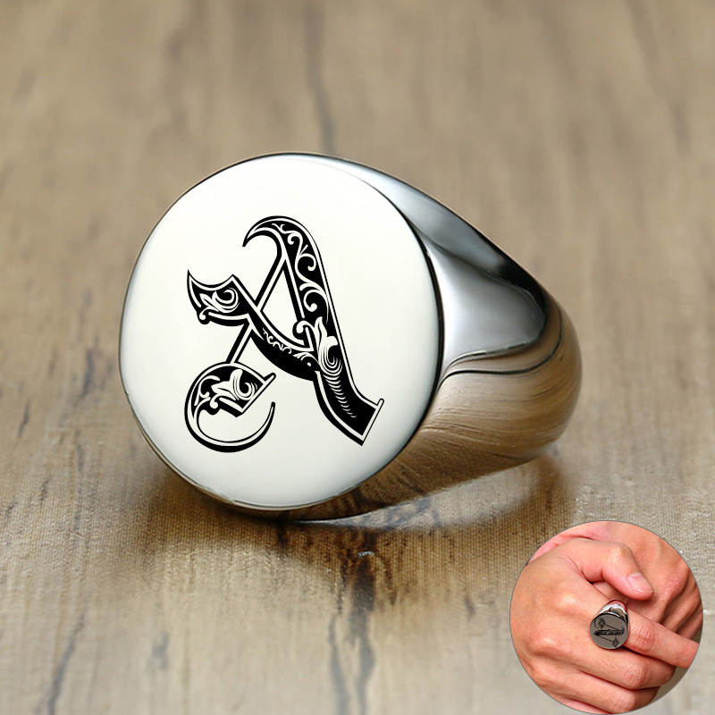 Mens Signet Ring - Vnox รูปแบบตัวอักษรเริ่มต้นแสตมป์แหวนผู้ชายจดหมายแกะสลักสแตนเลส Punk Signet วง Rock